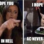 lady yelling at confused cat | I HOPE YOUR; I HOPE YOU; AC NEVER WORKS; BURN IN HELL | image tagged in lady yelling at confused cat | made w/ Imgflip meme maker