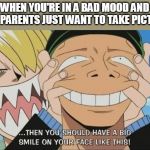 One Piece Smile | WHEN YOU'RE IN A BAD MOOD AND YOUR PARENTS JUST WANT TO TAKE PICTURES | image tagged in one piece smile | made w/ Imgflip meme maker