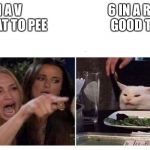White cat at dinner table | 8 IN A V                                  6 IN A ROW
SQUAT TO PEE                         GOOD TO GO | image tagged in white cat at dinner table | made w/ Imgflip meme maker