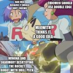 James argues and team rocket bot gets destroyed by Winona | JAMES THINKS IT A BAD IDEA BECAUSE IT WOULD HURT CHICMO; JESSIE TELLING JAMES THAT CHICMCO SHOULD USE DOUBLE EDGE; MEOWITH THINKS IT A GOOD IDEA; WINONA AND SKARMORY DESRTOYING THE ROCKET ROBOT WITH DRILL PECK | image tagged in full team rocket memeno text perwrittened | made w/ Imgflip meme maker