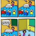 Angry Teacher | WHAT DOES A CHICKEN GIVE US; WHAT DOES A PIG GIVE US; EGGS; BACON; WHAT DOES A FAT COW GIVE US; HOMEWORK | image tagged in angry teacher | made w/ Imgflip meme maker