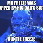 Mr Freeze | MR FREEZE WAS STOPPED BY HIS DAD'S SISTER; AUNTIE FREEZE | image tagged in mr freeze | made w/ Imgflip meme maker