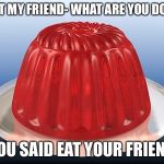 jelly | MEET MY FRIEND- WHAT ARE YOU DOING; YOU SAID EAT YOUR FRIEND | image tagged in jelly | made w/ Imgflip meme maker