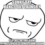 Meme face | SUNNY DAY, HANGS OUT LAUNDRY; CLOTHES DRYING, RAINS HEAVILY FOR 10 SECONDS, SUNNY AGAIN | image tagged in meme face | made w/ Imgflip meme maker