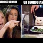 Crying girls and Cat | IT'S CALLED DEODORANT; UH DEORODIANT | image tagged in crying girls and cat | made w/ Imgflip meme maker