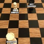 *sadistic laughter* | HAPPY PROGRAMMER; CODE COMPLETE; DOCUMENTATION AND BUG FIXES | image tagged in chess,programming,computer nerd | made w/ Imgflip meme maker