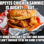 Popeyes chicken sandwich | POPEYES CHICKEN SAMMICH IS AIIGHT! .... BUT..... IT DAMN SURE AIN'T ALL DAT AND DAMN SURE AIN'T ENOUGH TO BE ON SOME STUPID B.S. | image tagged in popeyes chicken sandwich | made w/ Imgflip meme maker
