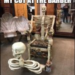 Skeleton Meme | ME WAITING FOR MY CUT AT THE BARBER; ANY DAY NOW | image tagged in skeleton meme | made w/ Imgflip meme maker