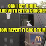 Parrot back the order | CAN I GET UHHH... SALAD WITH EXTRA CRACKERS? NOW REPEAT IT BACK TO ME | image tagged in can i get uhhh,memes,funny,parrot placing order in a drive thru,mcdonalds | made w/ Imgflip meme maker