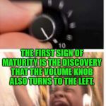Also .... get off my lawn. | THE FIRST SIGN OF MATURITY IS THE DISCOVERY THAT THE VOLUME KNOB ALSO TURNS TO THE LEFT. | image tagged in turn it up,old age,getting older | made w/ Imgflip meme maker