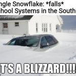 Southern High Schools | Single Snowflake: *falls*
School Systems in the South:; IT'S A BLIZZARD!!!! | image tagged in snow storm large,high school,snow day | made w/ Imgflip meme maker