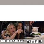 Women yelling at cat | CALENDAR SAYS FALL; THAT'S A LIE | image tagged in women yelling at cat | made w/ Imgflip meme maker