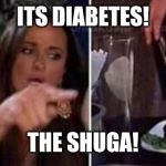 Cat at table | ITS DIABETES! THE SHUGA! | image tagged in cat at table | made w/ Imgflip meme maker