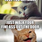 Sad Happy Cat | IF HE DON’T LOVE YOU ANYMORE; JUST WALK YOUR FINE ASS OUT THE DOOR | image tagged in sad happy cat | made w/ Imgflip meme maker