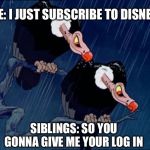 Disney Cartoon Vulture | ME: I JUST SUBSCRIBE TO DISNEY+; SIBLINGS: SO YOU GONNA GIVE ME YOUR LOG IN | image tagged in disney cartoon vulture | made w/ Imgflip meme maker