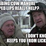 Grumpy old men  | DOES RUBBING COW MANURE ON CHAPPED LIPS REALLY HELP? I DON'T KNOW BUT IT KEEPS YOU FROM LICKING THEM | image tagged in grumpy old men | made w/ Imgflip meme maker