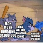 Tom and Jerry Frying Pan | ELON MUSK DONATING $1,000,000; ALAN WALKER DONATING $100,001; MR.BEAST DONATING $100,000 | image tagged in tom and jerry frying pan | made w/ Imgflip meme maker