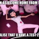 Miraculous Ladybug Marinette In bed | AS SOON AS U COME HOME FROM SCHOOL; AND U REALISE THAT U HAVE A TEST 2MORROW | image tagged in miraculous ladybug marinette in bed | made w/ Imgflip meme maker