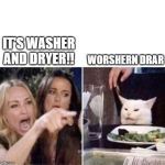 Woman Screaming At Cat | IT'S WASHER AND DRYER!! WORSHERN DRAR | image tagged in woman screaming at cat | made w/ Imgflip meme maker