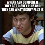 Disgust look | WHEN I ASK SOMEONE IF THEY GOT DISNEY PLUS AND THEY ASK WHAT DISNEY PLUS IS | image tagged in disgust look | made w/ Imgflip meme maker