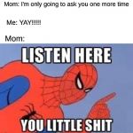 NOW LISTEN HERE YOU LITTLE SHIT | Mom: I'm only going to ask you one more time; Me: YAY!!!!! Mom: | image tagged in now listen here you little shit | made w/ Imgflip meme maker