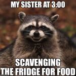 Sneaky Coon | MY SISTER AT 3:00; SCAVENGING THE FRIDGE FOR FOOD | image tagged in sneaky coon | made w/ Imgflip meme maker