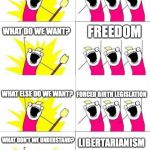 What Do We Want 4 | LIBERTARIANS; WHAT ARE WE? FREEDOM; WHAT DO WE WANT? WHAT ELSE DO WE WANT? FORCED BIRTH LEGISLATION; WHAT DON'T WE UNDERSTAND? LIBERTARIANISM | image tagged in what do we want 4 | made w/ Imgflip meme maker