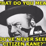 Perhaps the Greatest American Movie. | WHAT DO YOU MEAN; YOU'VE NEVER SEEN 
"CITIZEN KANE?" | image tagged in citizen kane - a rich man who tries to buy poltical office,citizen kane,rich,president,election,america | made w/ Imgflip meme maker