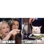 Real housewives screaming cat | IMPEACH!                COVFEFE | image tagged in real housewives screaming cat | made w/ Imgflip meme maker