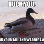 Duck You! | DUCK YOU! TUCK YOUR TAIL AND WADDLE AWAY. | image tagged in duck,sarcasm | made w/ Imgflip meme maker
