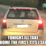 cow in a car | TONIGHT ILL TAKE HOME THE FIRST TITS I SEE | image tagged in cow in a car | made w/ Imgflip meme maker