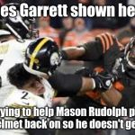 If Garrett hires the right PR firm | Myles Garrett shown here... Trying to help Mason Rudolph put his helmet back on so he doesn't get hurt | image tagged in rudolph clubbing,football,fantasy football,nfl,nfl memes,nfl football | made w/ Imgflip meme maker