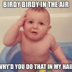 Confused Baby | BIRDY BIRDY IN THE AIR; WHY'D YOU DO THAT IN MY HAIR | image tagged in confused baby | made w/ Imgflip meme maker