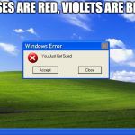 Windows XP | ROSES ARE RED, VIOLETS ARE BLUE, | image tagged in windows xp,sue,funny,error | made w/ Imgflip meme maker