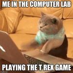 Typing cat meme | ME IN THE COMPUTER LAB; PLAYING THE T REX GAME | image tagged in typing cat meme | made w/ Imgflip meme maker