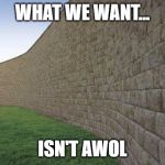 the great wall of mexico | WHAT WE WANT... ISN'T AWOL | image tagged in the great wall of mexico | made w/ Imgflip meme maker