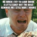 Crybaby Liberal Leonardo | ME WHEN I TRY TO LEAVE WORK A LITTLE EARLY BUT THE BOSS REMINDS ME I STILL HAVE 7 HOURS | image tagged in crybaby liberal leonardo | made w/ Imgflip meme maker