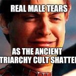 Spider-Man Crying | REAL MALE TEARS; AS THE ANCIENT PATRIARCHY CULT SHATTERS | image tagged in spider-man crying | made w/ Imgflip meme maker