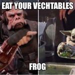 Mandalorian Yelling at Baby Yoda | EAT YOUR VECHTABLES; FROG | image tagged in mandalorian yelling at baby yoda | made w/ Imgflip meme maker