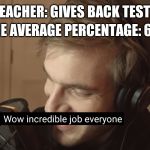 Wow, incredible job everyone | THE AVERAGE PERCENTAGE: 69%; TEACHER: GIVES BACK TESTS | image tagged in wow incredible job everyone | made w/ Imgflip meme maker