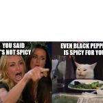 two woman yelling at a cat | EVEN BLACK PEPPER IS SPICY FOR YOU; YOU SAID IT'S NOT SPICY | image tagged in two woman yelling at a cat | made w/ Imgflip meme maker