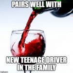 red wine | PAIRS WELL WITH; NEW TEENAGE DRIVER
IN THE FAMILY | image tagged in red wine | made w/ Imgflip meme maker