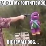 Die Barny. | YOU HACKED MY FORTNITE ACCOUNT; DIE FEMALE DOG. . . | image tagged in die barny | made w/ Imgflip meme maker