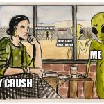 Popular Alien | STUDENT LOAN DEBT; INEVITABLE HEARTBREAK; ME; MY CRUSH | image tagged in popular alien | made w/ Imgflip meme maker
