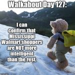 The adventure continues! | I can confirm that Mississippi Walmart shoppers are NOT more intelligent than the rest. Walkabout Day 127: | image tagged in funny memes,walmart,teddy bear,adventure time,puppies and kittens | made w/ Imgflip meme maker