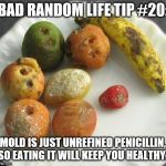 Moldy fruit | BAD RANDOM LIFE TIP #20:; MOLD IS JUST UNREFINED PENICILLIN, SO EATING IT WILL KEEP YOU HEALTHY. | image tagged in moldy fruit | made w/ Imgflip meme maker