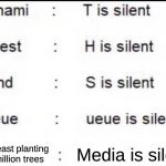 Is silent | Media is silent; Mr Beast planting 20 million trees | image tagged in is silent | made w/ Imgflip meme maker