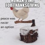 Peace was never an option chicken | HUMAN: TIME FOR THANKSGIVING | image tagged in peace was never an option chicken | made w/ Imgflip meme maker