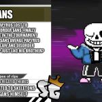 King For Another Day Bio | SANS; AFTER PAPYRUS LOST TO LAW AND DISORDER SANS FINALLY DECIDED TO BE IN THE TOURNAMENT AFTER ALL..CAN SANS AVENGE PAPYRUS BY BEATING LAW AND DISORDER OR WILL HE END UP JUST LIKE HIS BROTHER? MEGALOVANIA RELATED THEMES; THEMES RELATED TO SKELETONS; THEMES OF SANS HIMSELF | image tagged in king for another day bio,sans | made w/ Imgflip meme maker