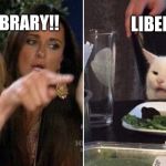 Woman Pointing at Cat | LIBERRY; IT'S LIBRARY!! | image tagged in woman pointing at cat | made w/ Imgflip meme maker